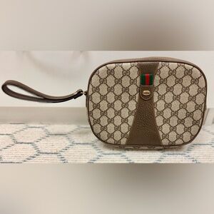 GUCCI Vintage Chic GG Supreme Brown Monogram Canvas Leather Clutch W/ Wristlet